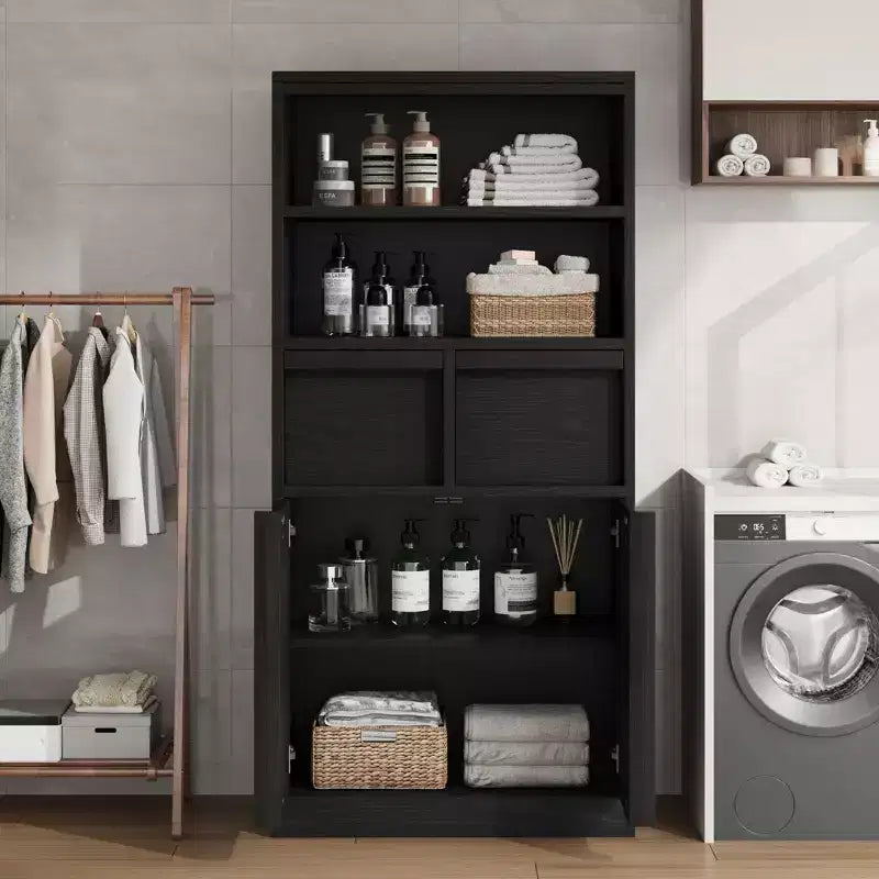 Mobiletto da bagno alto, Armadietto da terra con ante e 2 cassetti, Organizzatore da bagno alto 130 cm autoportante per bagno, soggiorno