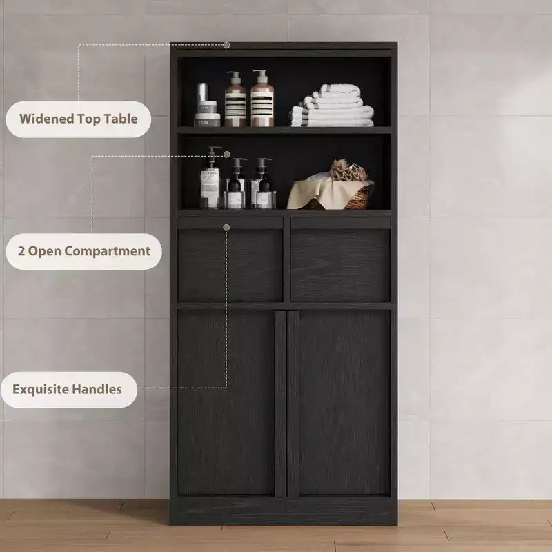 Mobiletto da bagno alto, Armadietto da terra con ante e 2 cassetti, Organizzatore da bagno alto 130 cm autoportante per bagno, soggiorno