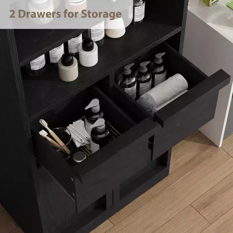 Mobiletto da bagno alto, Armadietto da terra con ante e 2 cassetti, Organizzatore da bagno alto 130 cm autoportante per bagno, soggiorno