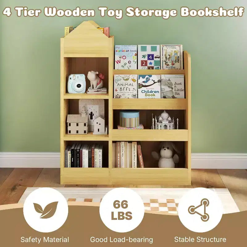 Zevemomo Scaffale per Libri e Giocattoli per Bambini a 4 Ripiani, Scaffale per Bambini in Legno, Contenitore per Giocattoli con Scaffale per Sala Giochi, Aula, Camera da Letto, Biblioteca, Beige