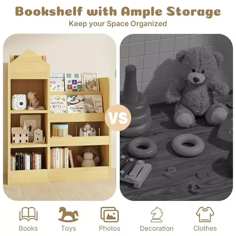 Zevemomo Scaffale per Libri e Giocattoli per Bambini a 4 Ripiani, Scaffale per Bambini in Legno, Contenitore per Giocattoli con Scaffale per Sala Giochi, Aula, Camera da Letto, Biblioteca, Beige