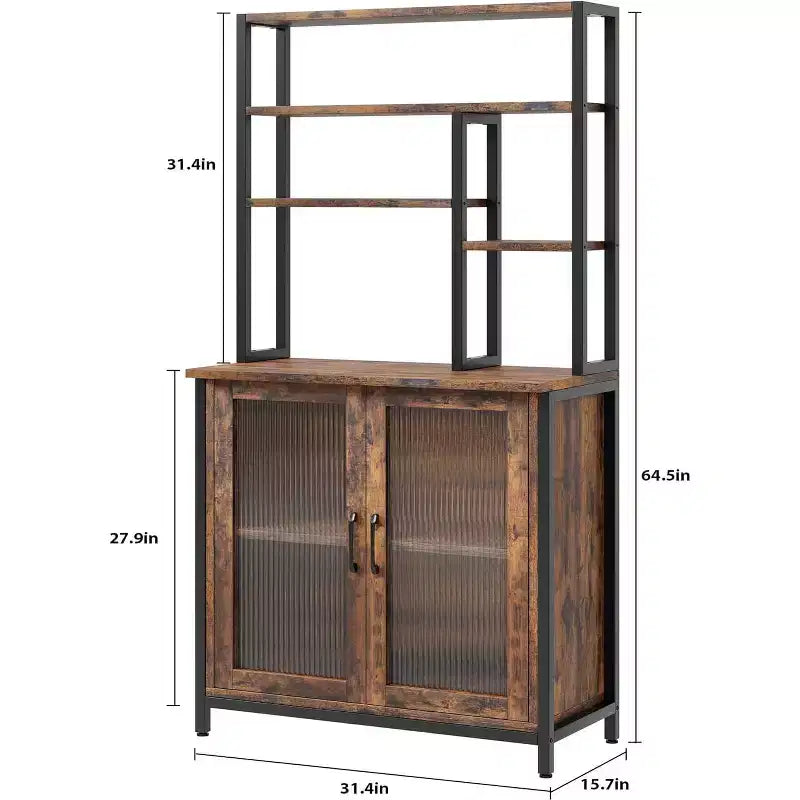 COZONY 64 Scaffale da Panettiere con Armadietto, Supporto per Microonde a 5 Livelli con Ganci e Contenitore a Scomparti, Stazione Caffè Industriale, Marrone