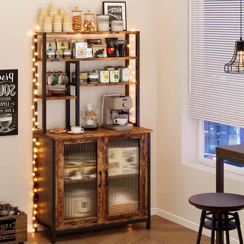 COZONY 64 Scaffale da Panettiere con Armadietto, Supporto per Microonde a 5 Livelli con Ganci e Contenitore a Scomparti, Stazione Caffè Industriale, Marrone