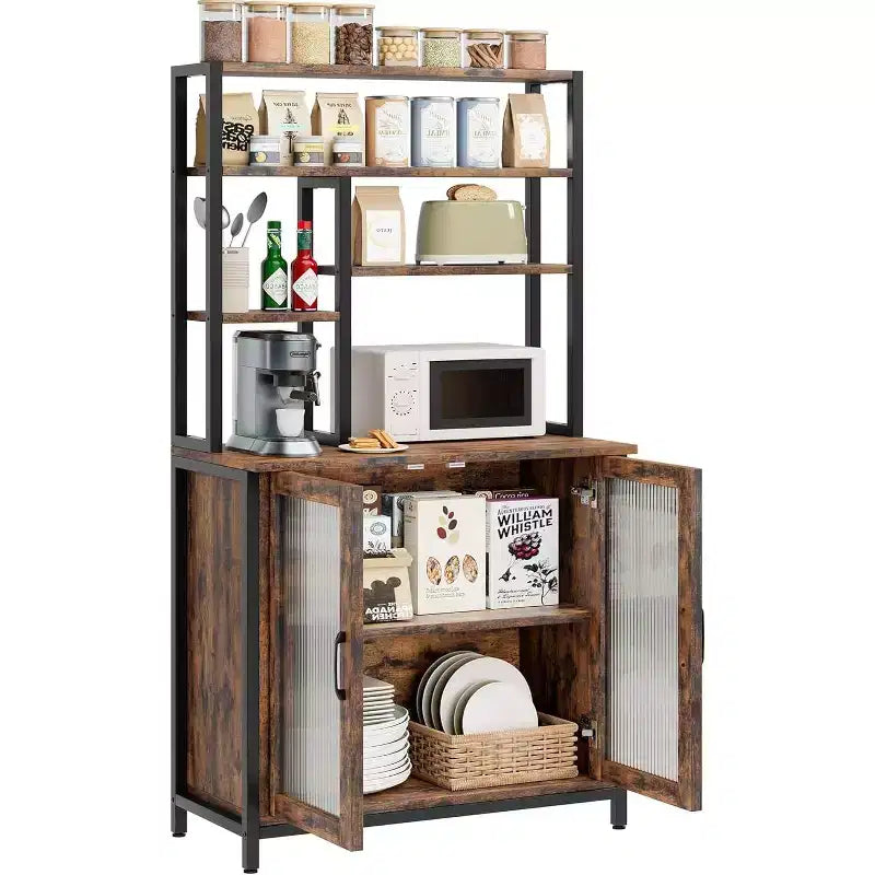 COZONY 64 Scaffale da Panettiere con Armadietto, Supporto per Microonde a 5 Livelli con Ganci e Contenitore a Scomparti, Stazione Caffè Industriale, Marrone