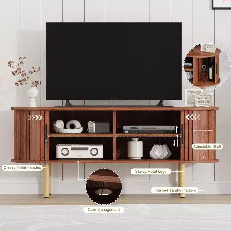 Coolmee Mobile TV da 120 cm con contenitore e ante scorrevoli, Consolle in legno per TV fino a 80 pollici, Centro di intrattenimento moderno