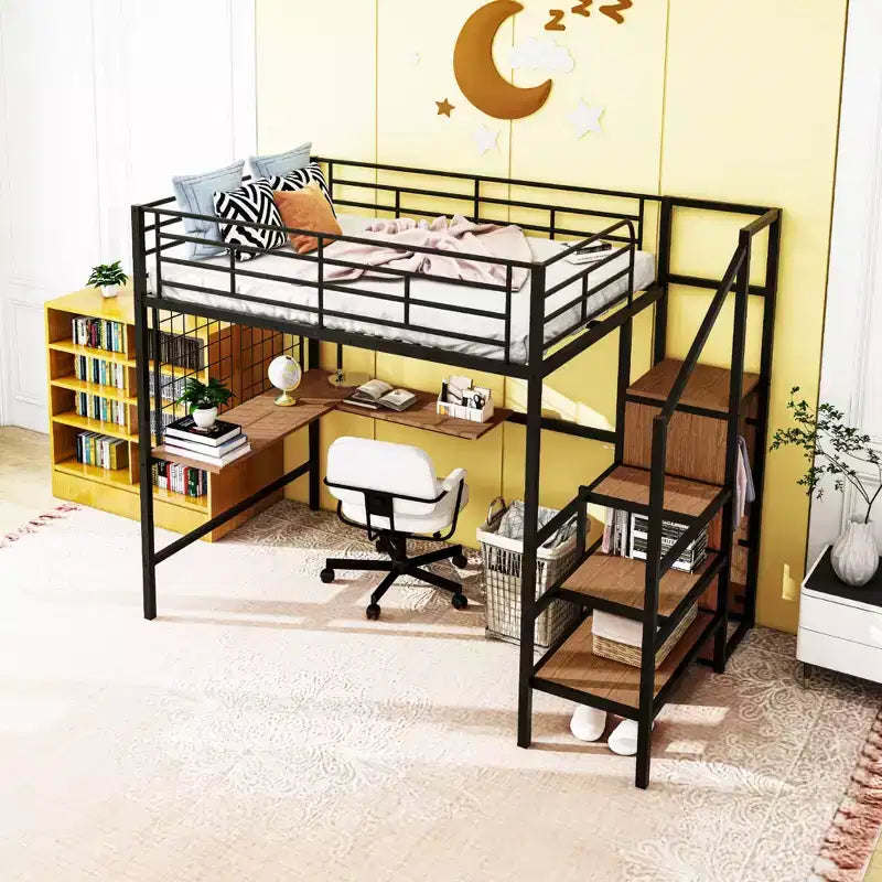 Bellemave Letto a soppalco in metallo matrimoniale con scrivania e griglia metallica, elegante letto con struttura in metallo, scala laterale portaoggetti e armadio, nero