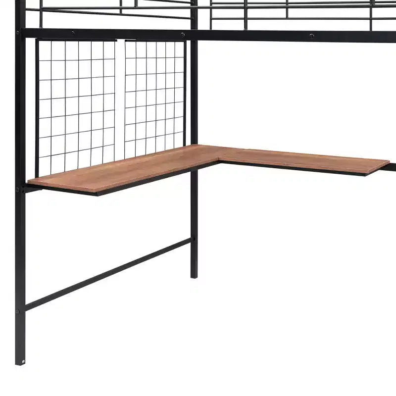 Bellemave Letto a soppalco in metallo matrimoniale con scrivania e griglia metallica, elegante letto con struttura in metallo, scala laterale portaoggetti e armadio, nero