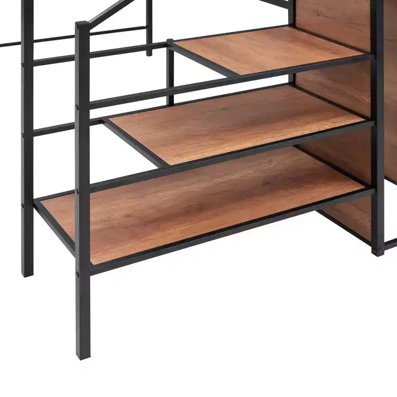 Bellemave Letto a soppalco in metallo matrimoniale con scrivania e griglia metallica, elegante letto con struttura in metallo, scala laterale portaoggetti e armadio, nero