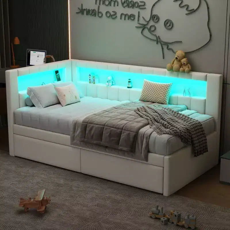 Bellemave Upholstered Twin Size Platform Bed with USB Ports and LED Belt, With 2 Drawers, White