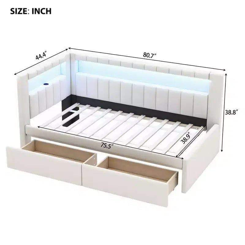 Bellemave Letto Imbottito Singolo con Porte USB e Striscia LED, con 2 Cassetti, Bianco