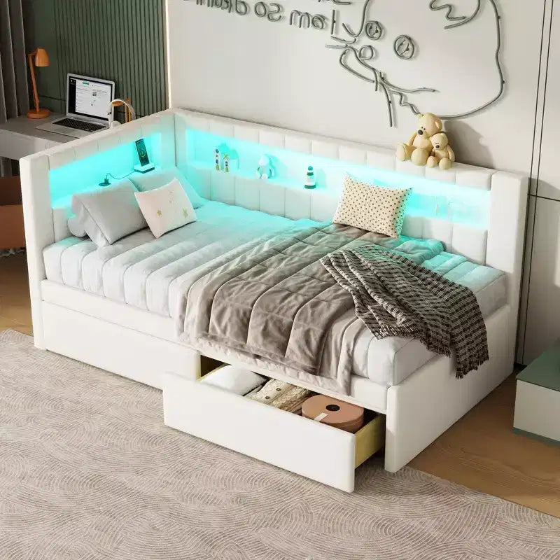 Bellemave Letto Imbottito Singolo con Porte USB e Striscia LED, con 2 Cassetti, Bianco