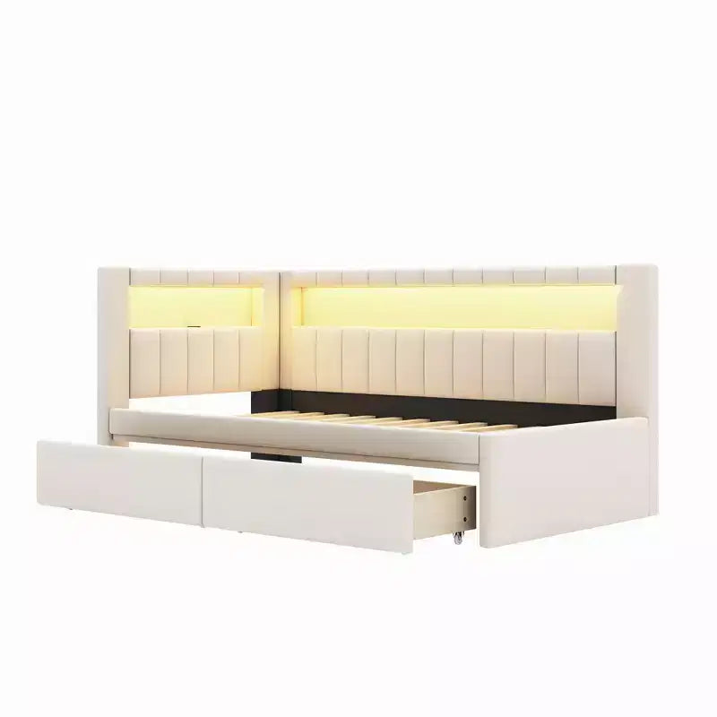 Bellemave Letto Imbottito Singolo con Porte USB e Striscia LED, con 2 Cassetti, Bianco