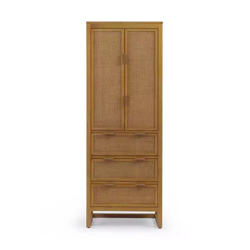 Mobile contenitore Hatteras Modern Boho in lino con dettagli in legno massello e rattan naturale-Teamson Home