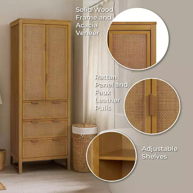 Mobile contenitore Hatteras Modern Boho in lino con dettagli in legno massello e rattan naturale-Teamson Home