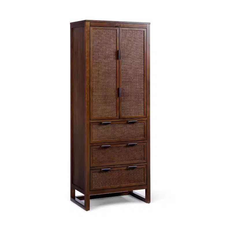 Mobile contenitore Hatteras Modern Boho in lino con dettagli in legno massello e rattan naturale-Teamson Home
