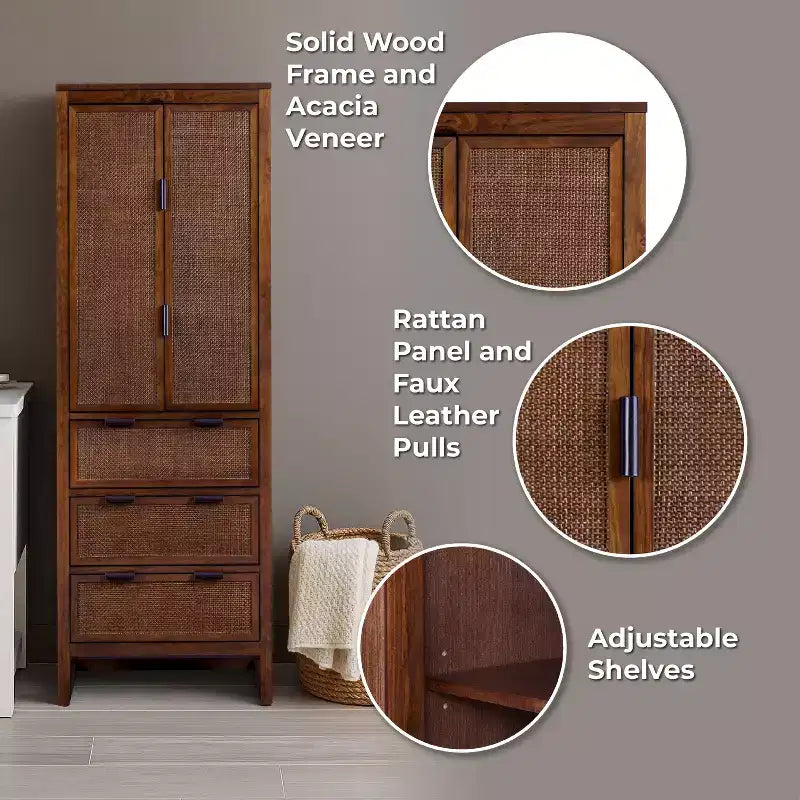 Mobile contenitore Hatteras Modern Boho in lino con dettagli in legno massello e rattan naturale-Teamson Home