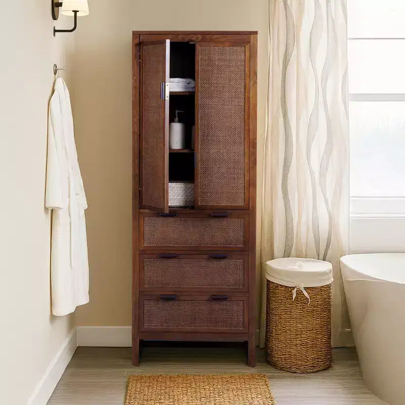 Mobile contenitore Hatteras Modern Boho in lino con dettagli in legno massello e rattan naturale-Teamson Home