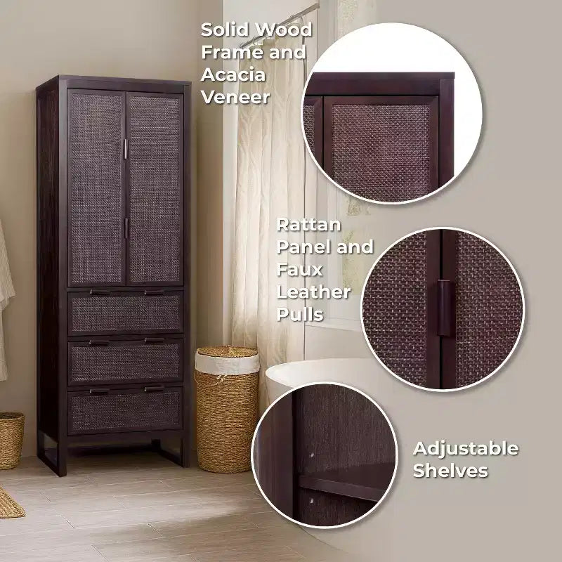 Mobile contenitore Hatteras Modern Boho in lino con dettagli in legno massello e rattan naturale-Teamson Home