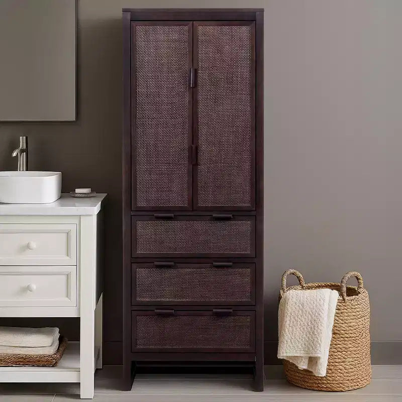 Hatteras Modern Boho Linen Storage Cabinet with Solid Wood & Natural Rattan Accents-Teamson Home