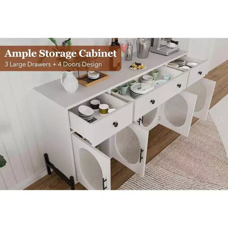 62 Grande Credenza con Ante e 3 Cassetti, Mobile Contenitore Self-Service per Caffè con 4 Ante in Vetro per Sala da Pranzo, Soggiorno, Cucina