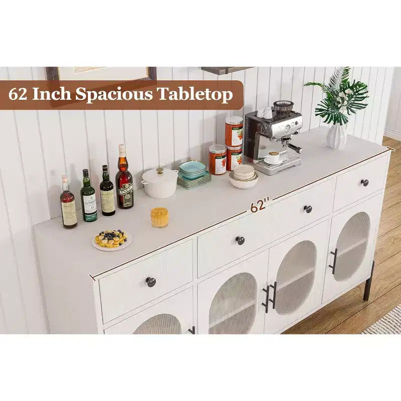 62 Grande Credenza con Ante e 3 Cassetti, Mobile Contenitore Self-Service per Caffè con 4 Ante in Vetro per Sala da Pranzo, Soggiorno, Cucina