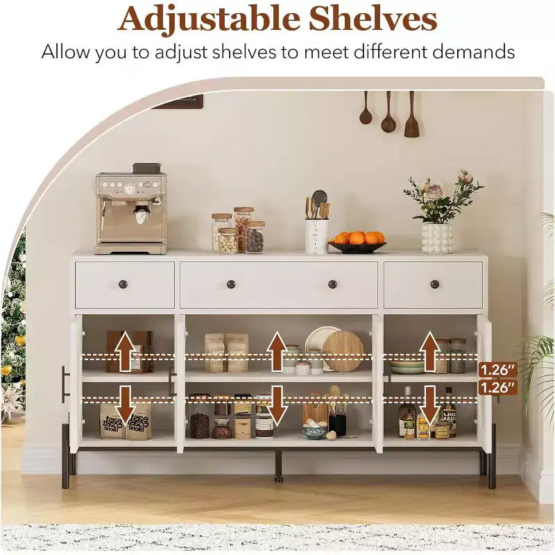 62 Grande Credenza con Ante e 3 Cassetti, Mobile Contenitore Self-Service per Caffè con 4 Ante in Vetro per Sala da Pranzo, Soggiorno, Cucina