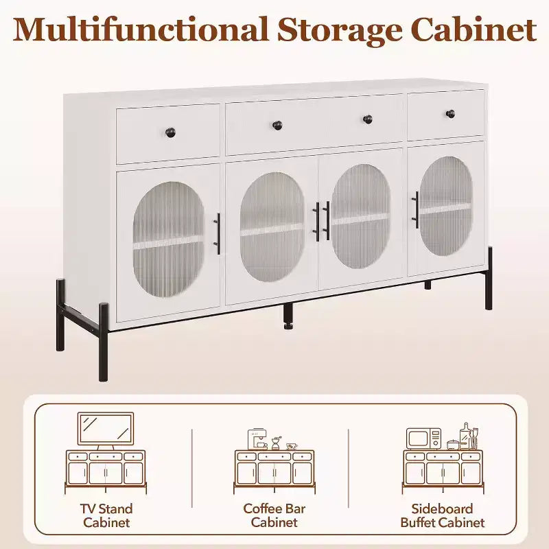 62 Grande Credenza con Ante e 3 Cassetti, Mobile Contenitore Self-Service per Caffè con 4 Ante in Vetro per Sala da Pranzo, Soggiorno, Cucina