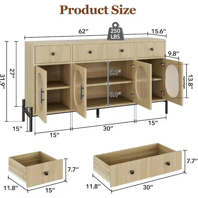 62 Grande Credenza con Ante e 3 Cassetti, Mobile Contenitore Self-Service per Caffè con 4 Ante in Vetro per Sala da Pranzo, Soggiorno, Cucina