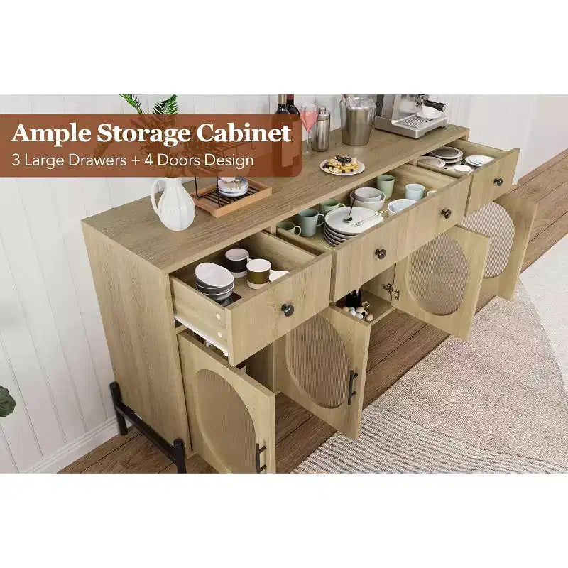 62 Grande Credenza con Ante e 3 Cassetti, Mobile Contenitore Self-Service per Caffè con 4 Ante in Vetro per Sala da Pranzo, Soggiorno, Cucina