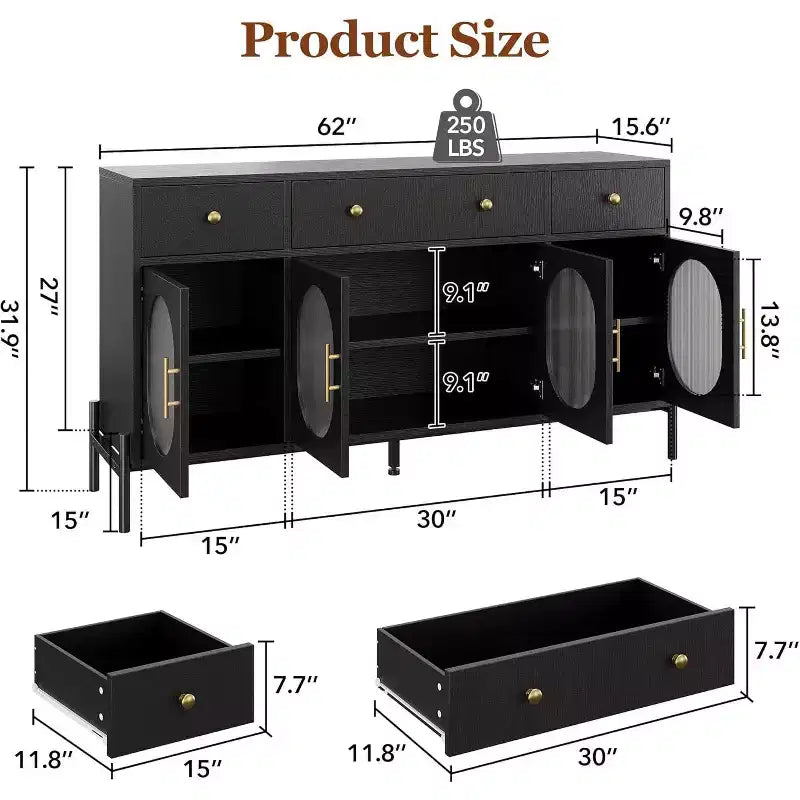 62 Grande Credenza con Ante e 3 Cassetti, Mobile Contenitore Self-Service per Caffè con 4 Ante in Vetro per Sala da Pranzo, Soggiorno, Cucina