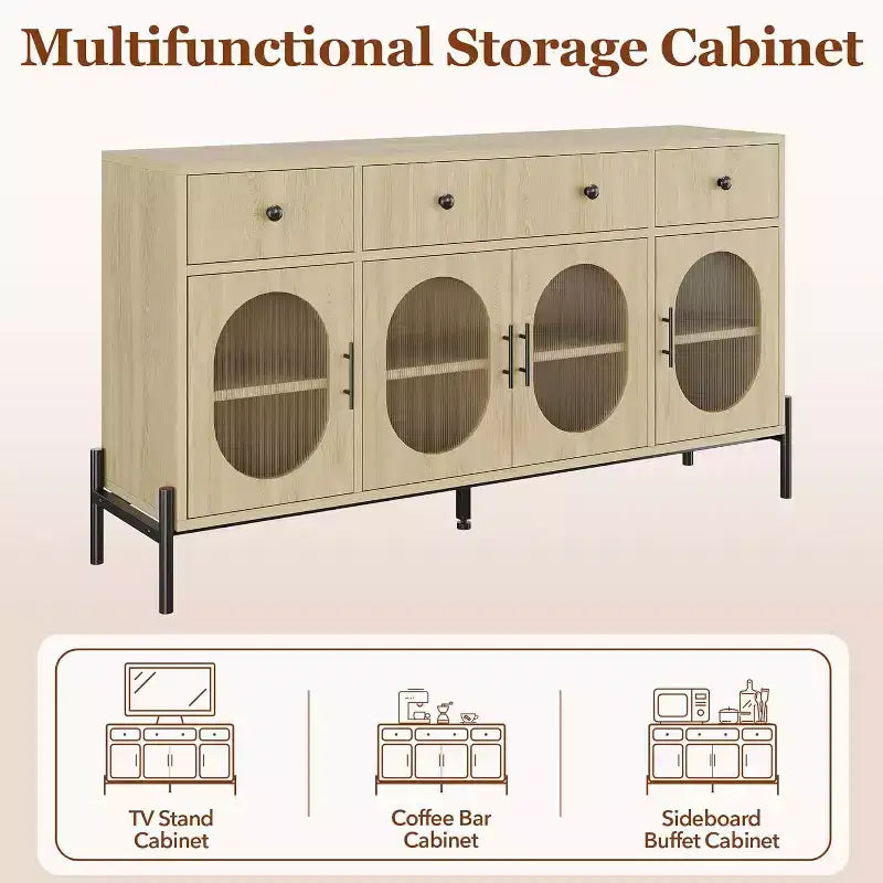 62 Grande Credenza con Ante e 3 Cassetti, Mobile Contenitore Self-Service per Caffè con 4 Ante in Vetro per Sala da Pranzo, Soggiorno, Cucina