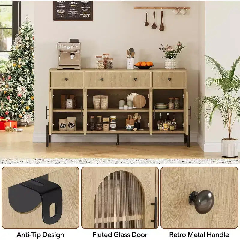 62 Grande Credenza con Ante e 3 Cassetti, Mobile Contenitore Self-Service per Caffè con 4 Ante in Vetro per Sala da Pranzo, Soggiorno, Cucina