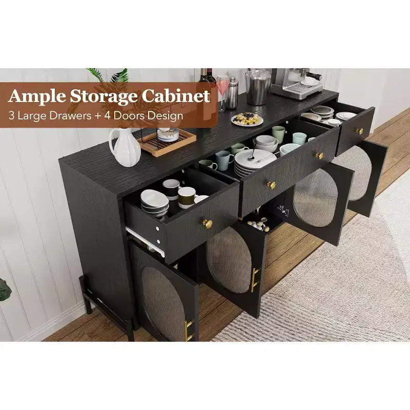 62 Grande Credenza con Ante e 3 Cassetti, Mobile Contenitore Self-Service per Caffè con 4 Ante in Vetro per Sala da Pranzo, Soggiorno, Cucina