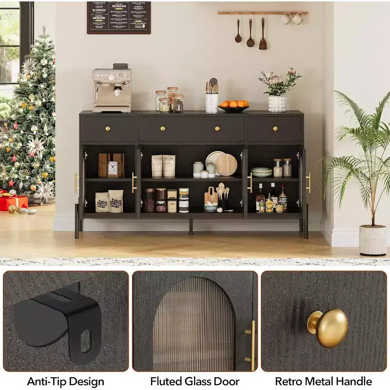 62 Grande Credenza con Ante e 3 Cassetti, Mobile Contenitore Self-Service per Caffè con 4 Ante in Vetro per Sala da Pranzo, Soggiorno, Cucina
