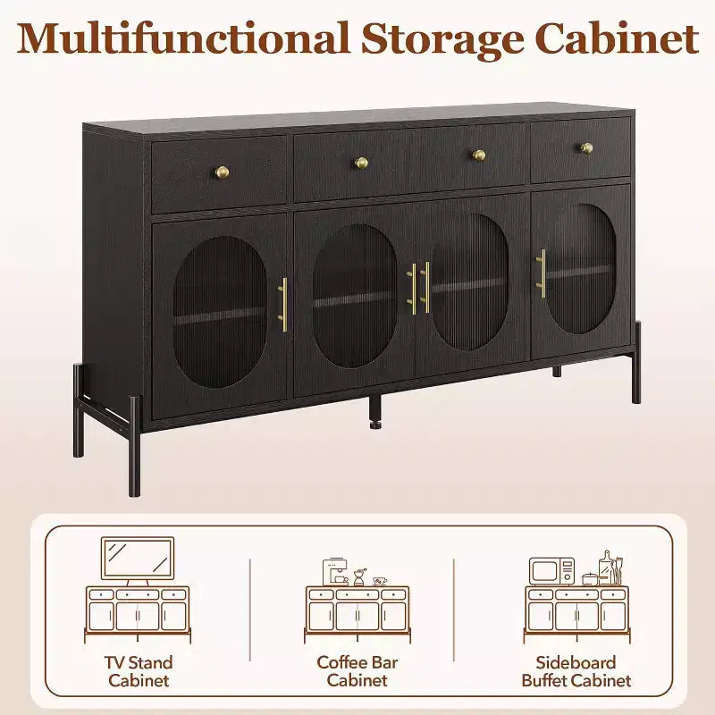 62 Grande Credenza con Ante e 3 Cassetti, Mobile Contenitore Self-Service per Caffè con 4 Ante in Vetro per Sala da Pranzo, Soggiorno, Cucina