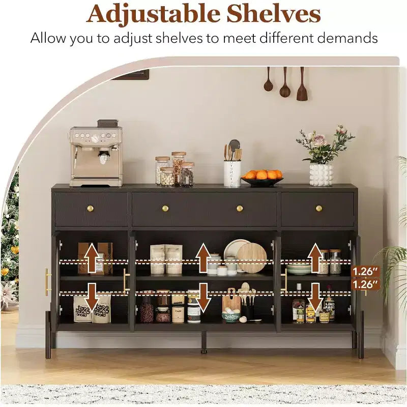 62 Grande Credenza con Ante e 3 Cassetti, Mobile Contenitore Self-Service per Caffè con 4 Ante in Vetro per Sala da Pranzo, Soggiorno, Cucina