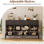 62 Grande Credenza con Ante e 3 Cassetti, Mobile Contenitore Self-Service per Caffè con 4 Ante in Vetro per Sala da Pranzo, Soggiorno, Cucina