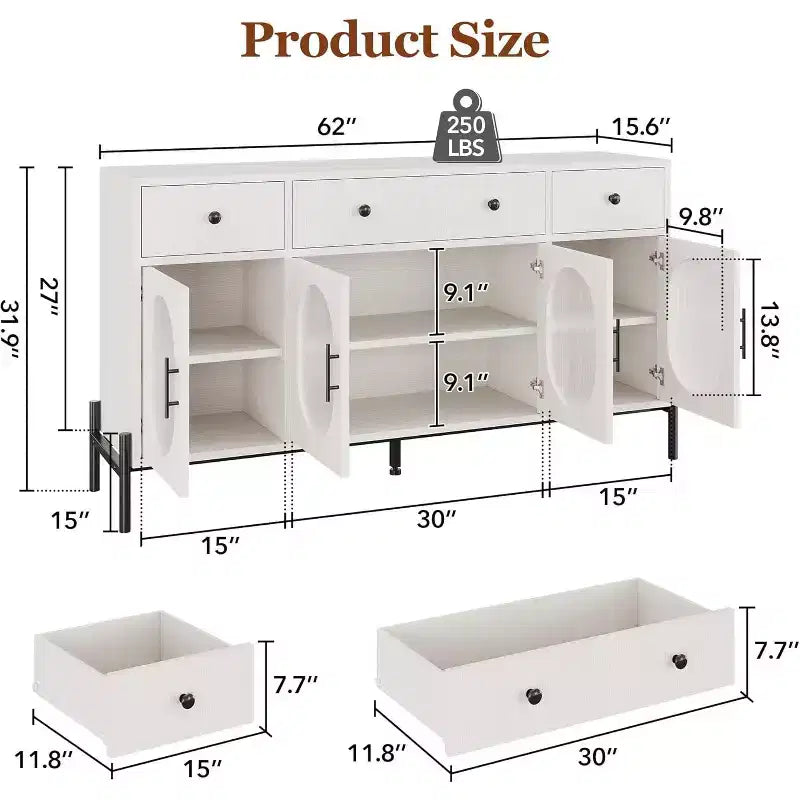 62 Grande Credenza con Ante e 3 Cassetti, Mobile Contenitore Self-Service per Caffè con 4 Ante in Vetro per Sala da Pranzo, Soggiorno, Cucina