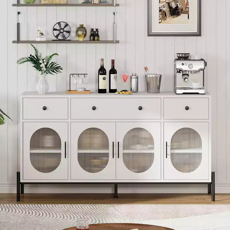 62 Grande Credenza con Ante e 3 Cassetti, Mobile Contenitore Self-Service per Caffè con 4 Ante in Vetro per Sala da Pranzo, Soggiorno, Cucina