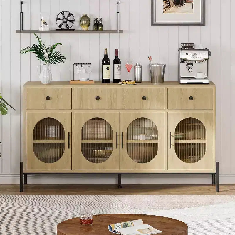 62 Grande Credenza con Ante e 3 Cassetti, Mobile Contenitore Self-Service per Caffè con 4 Ante in Vetro per Sala da Pranzo, Soggiorno, Cucina