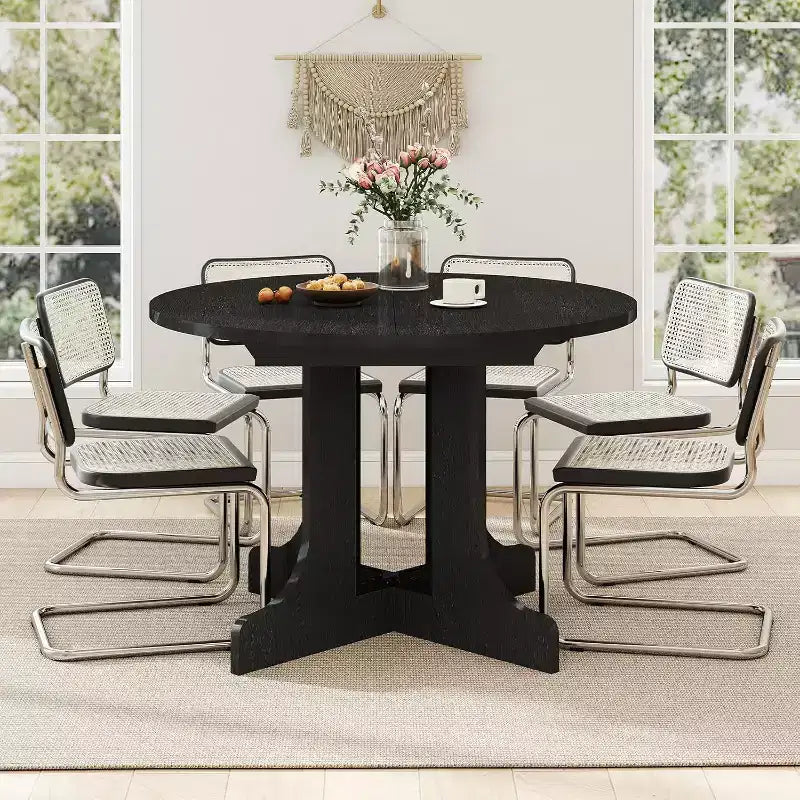 Zevemomo 43-59 Tavolo da pranzo allungabile, per 4-6 persone, con prolunga rimovibile, base a cavalletto a X e binario in metallo per sala da pranzo, soggiorno - Nero