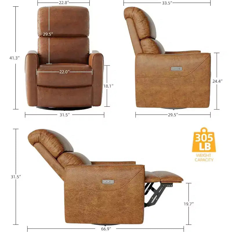 Poltrona Reclinabile Girevole Elettrica con Porta USB e Supporto Lombare, Poltrona a Dondolo Elettrica in Pelle PU per Cameretta, Soggiorno e Camera da Letto