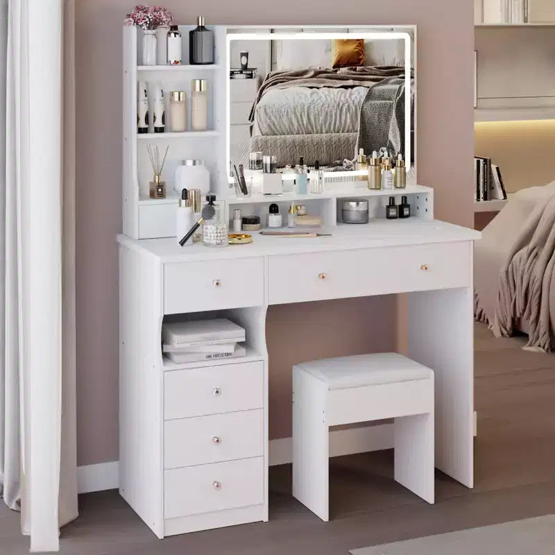 Toeletta con specchio e luci a LED, set da trucco con 6 cassetti, ripiani aperti e sgabello imbottito
