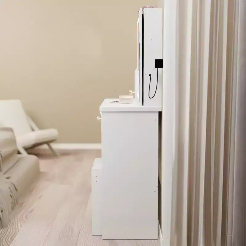 Toeletta con specchio e luci a LED, set da trucco con 6 cassetti, ripiani aperti e sgabello imbottito