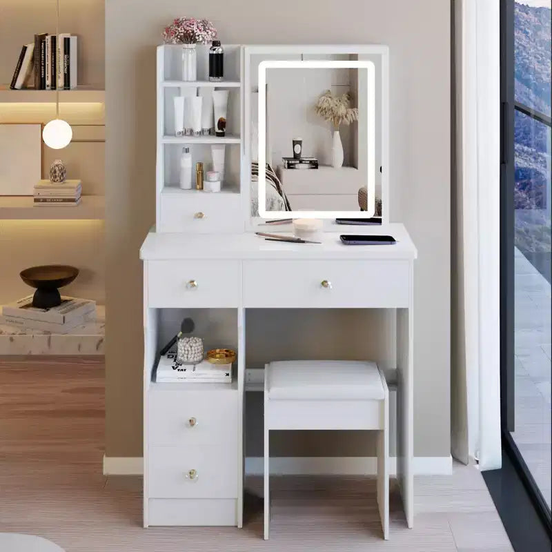 Toeletta con specchio e luci a LED, set da trucco con 6 cassetti, ripiani aperti e sgabello imbottito