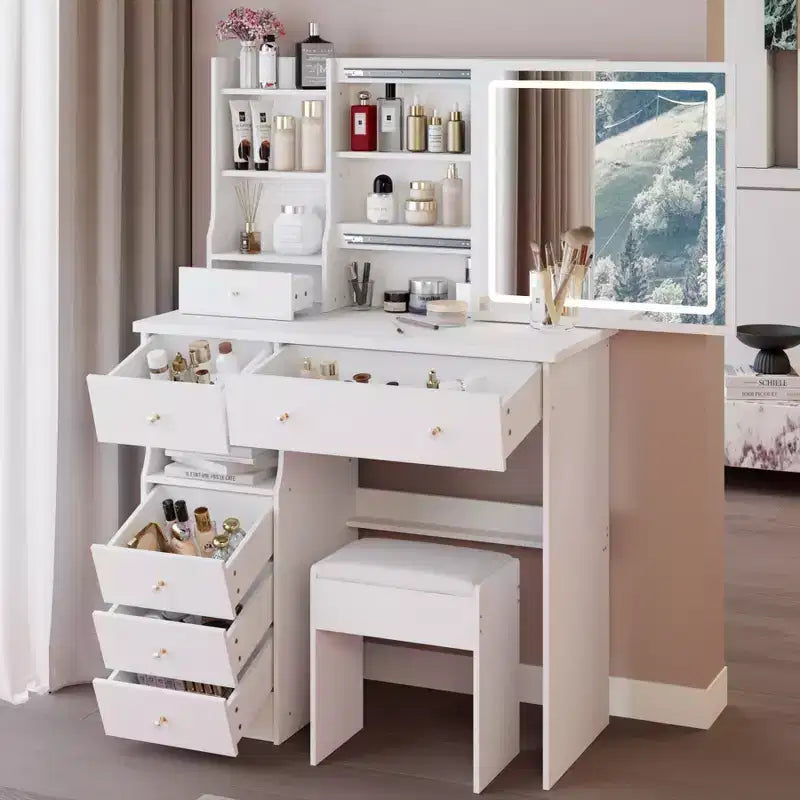 Toeletta con specchio e luci a LED, set da trucco con 6 cassetti, ripiani aperti e sgabello imbottito