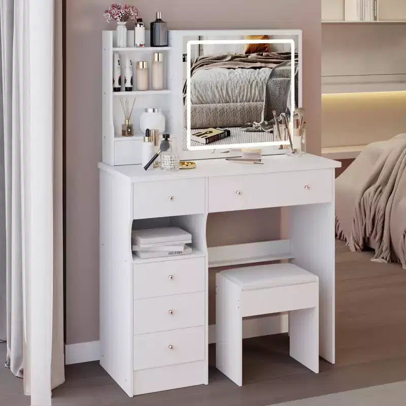 Toeletta con specchio e luci a LED, set da trucco con 6 cassetti, ripiani aperti e sgabello imbottito