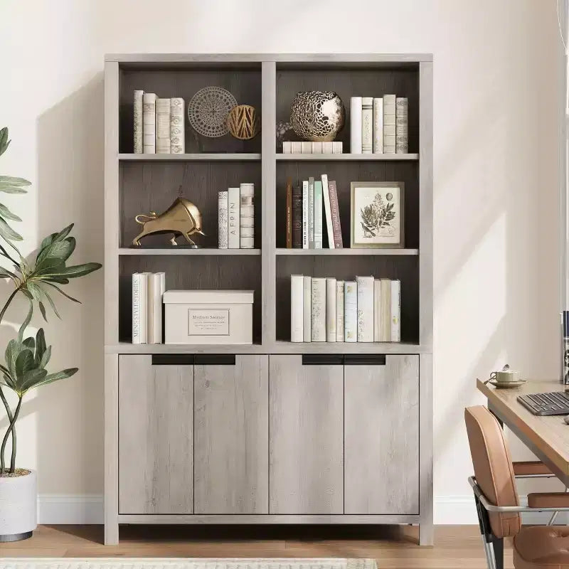 COZONY 70.7 Libreria da Fattoria Grigio/Bianco con Ante, Scaffale a Cinque Ripiani Doppio Ampio con Armadietto e Ripiano Regolabile