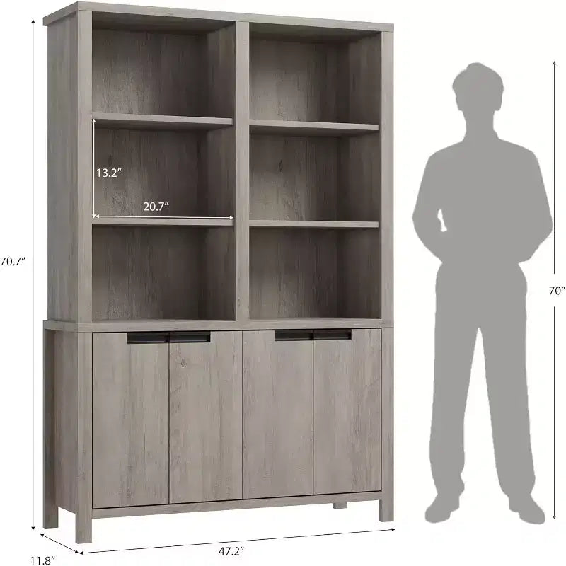 COZONY 70.7 Libreria da Fattoria Grigio/Bianco con Ante, Scaffale a Cinque Ripiani Doppio Ampio con Armadietto e Ripiano Regolabile
