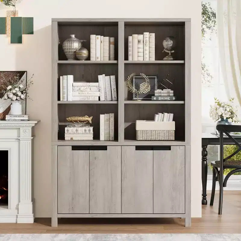 COZONY 70.7 Libreria da Fattoria Grigio/Bianco con Ante, Scaffale a Cinque Ripiani Doppio Ampio con Armadietto e Ripiano Regolabile